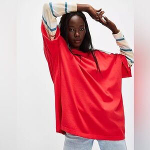 Free People Bright Red Short Sleeve Tee with Striped Sleeves